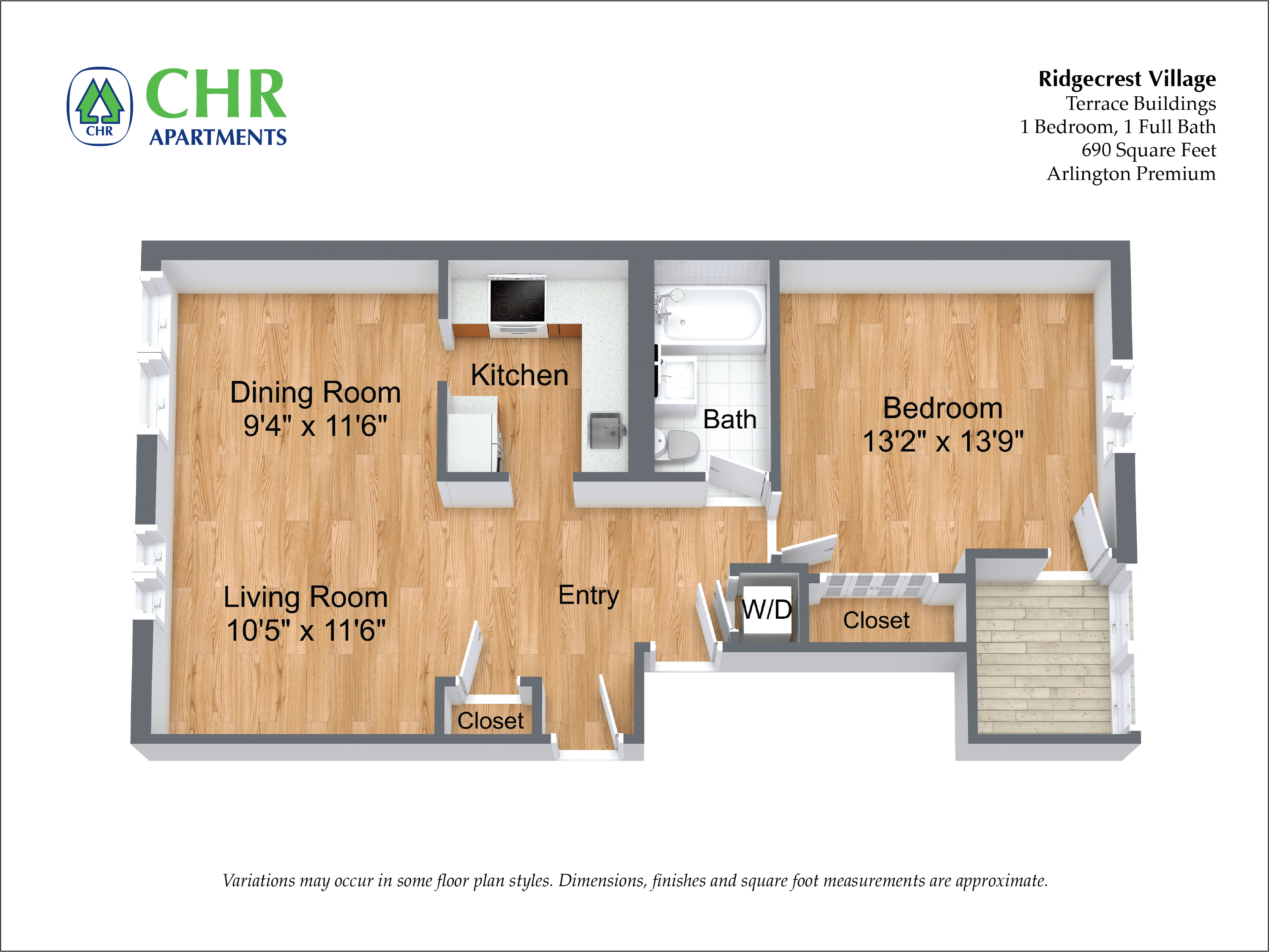 Floor plan for 1 bed, 1 bath, 860 sqft